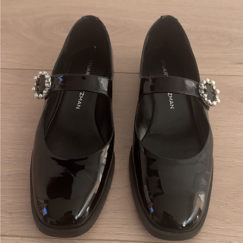 Stuart Weitzman Black Patent Leather Flats with Pearl Buckle